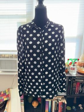 Divided Black Button-Down Shirt with White Polka Dots